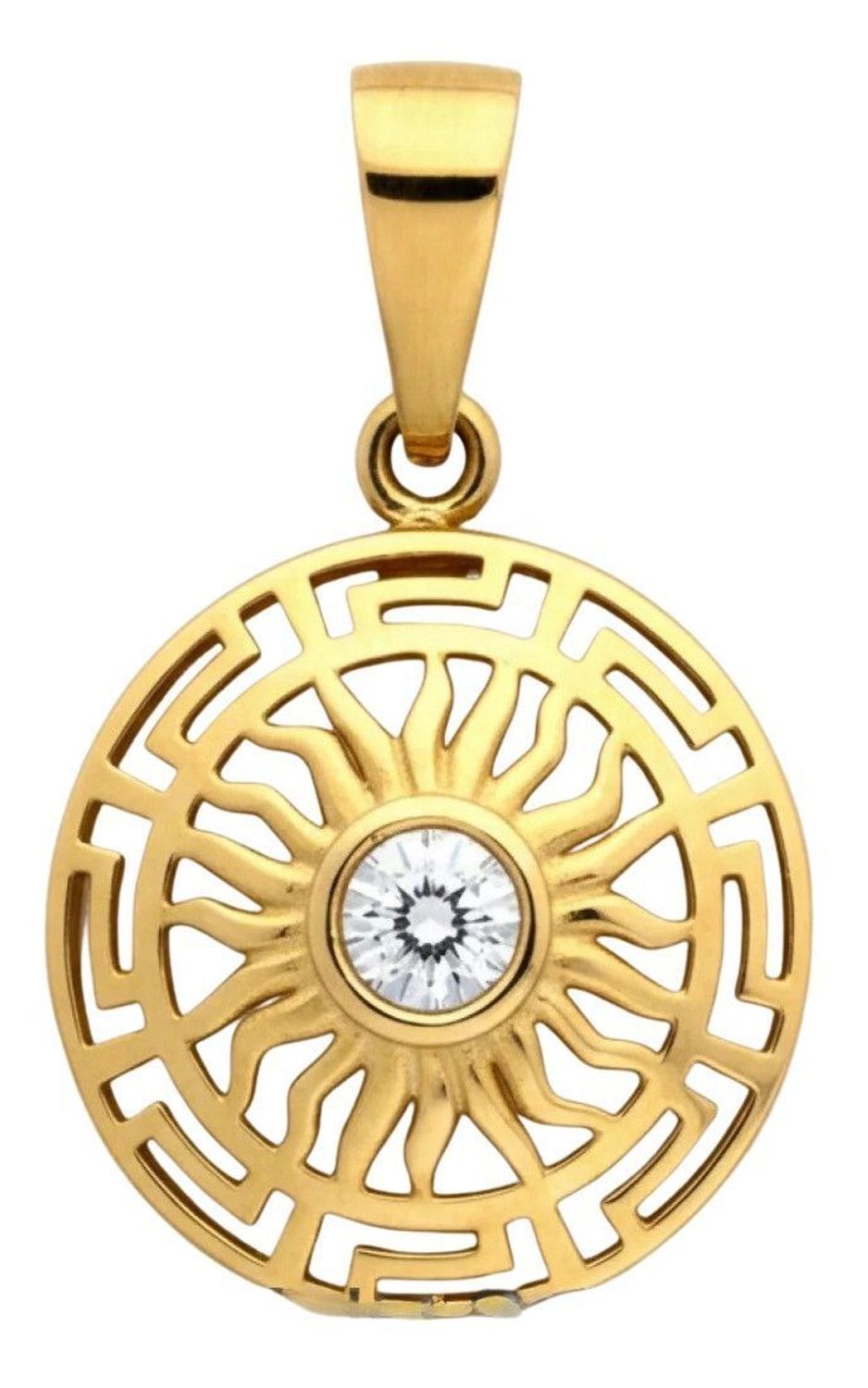 Elegancka złota zawieszka damska z ażurowym wzorem i cyrkonią. Okrągły wisiorek z modnym motywem greckim, idealny na prezent. Żółte złoto.1.jpg